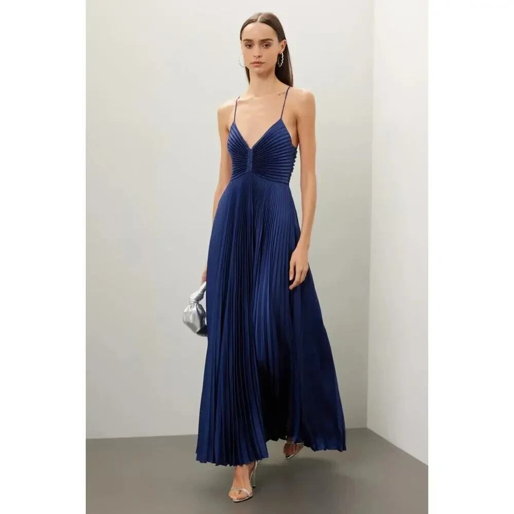 A.L.C Aries Gown Maxi Pleated in Navy Satin Dress Cutout Size 6